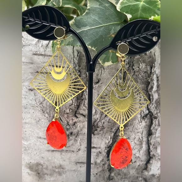 Delicate Statement Gold & Orange Dangle Earrings - Long Trendy Stylish Earrings - Picture 5 of 17